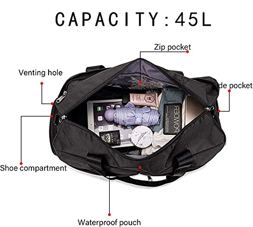HOKEMP Sports Gym Bag Travel Duffel Weekender Bag Shoe Compartment with Wet Pocket for Men and Women(Black) - Image 6