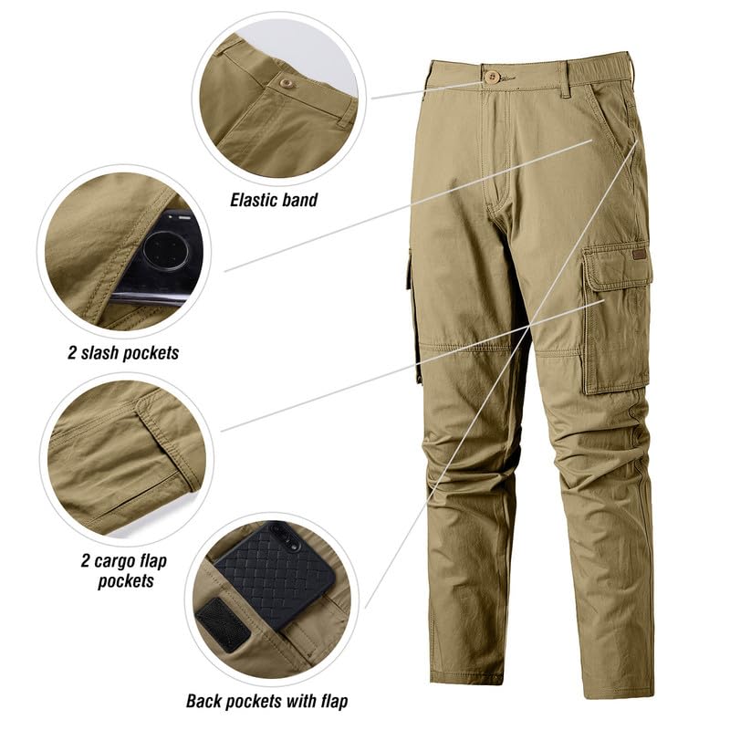 JMIERR Mens Gray Cargo Pants Casual Cotton Work Pants Stretch Elastic Waist Relaxed Fit Lightweight Outdoor Flexible Hiking Jogger Pants with 6 Pockets,US 32(S),Light Gray - Image 6