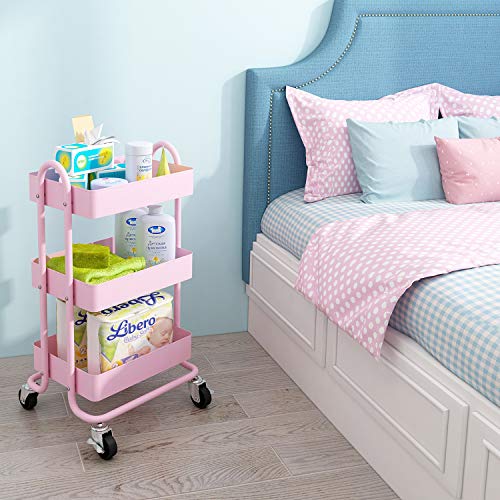 MIOCASA 3-Tier Metal Utility Rolling Cart, Heavy Duty Multifunction Cart with Lockable Casters, Easy to Assemble, Suitable for Office, Bathroom, Kitchen, Garden (Pink) - Image 4