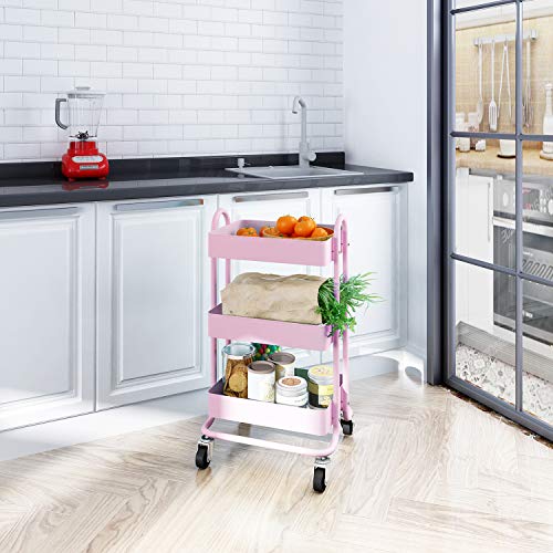 MIOCASA 3-Tier Metal Utility Rolling Cart, Heavy Duty Multifunction Cart with Lockable Casters, Easy to Assemble, Suitable for Office, Bathroom, Kitchen, Garden (Pink) - Image 5
