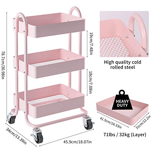 MIOCASA 3-Tier Metal Utility Rolling Cart, Heavy Duty Multifunction Cart with Lockable Casters, Easy to Assemble, Suitable for Office, Bathroom, Kitchen, Garden (Pink) - Image 6