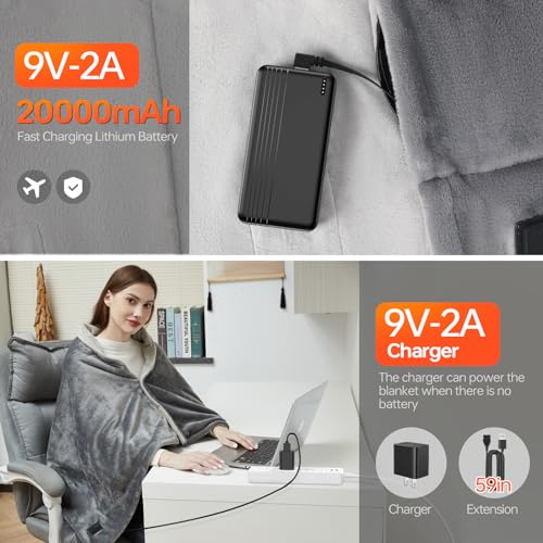 USB Heated Blanket,Cordless Electric Blanket with 20000mAH Battery,18W High-Power,8 Heating Zones,Machine Washable Super Cozy Soft Wearable Blanket with 3 Heating Levels & Timing Function - Image 5