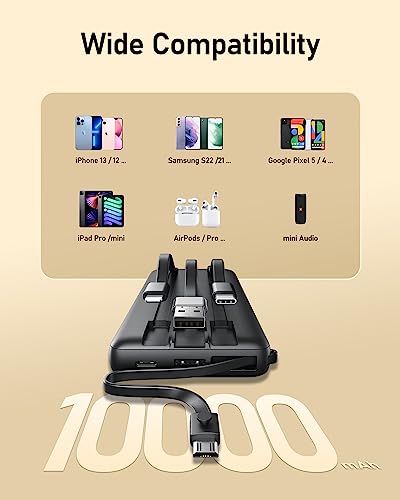 VEEKTOMX Portable Charger with Built-in Cables - 10000mAh Power Bank for iPhone - Slim Fast Charge USB C Battery Pack - Small Travel Essentials Powerbank, Compatible with iPhone, Samsung, Android, etc - Image 4